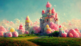 Candy land surreal landscape, castle made of candies. Digital art illustration