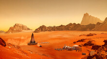 Base And Spaceship On Planet Mars