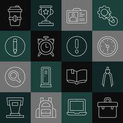 Sticker - Set line Briefcase, Drawing compass, Clock, Identification badge, Alarm clock, Pencil, Coffee cup to go and Speech bubble and Exclamation icon. Vector