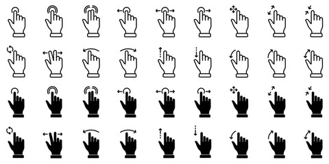 Poster - Swipe Hand Finger Touch and Drag Linear, Glyph Pictogram. Pinch Screen, Rotate Up Down on Screen Outline Icon. Gesture Slide. Gesture Tap Line and Silhouette Icon Set. Isolated Vector Illustration
