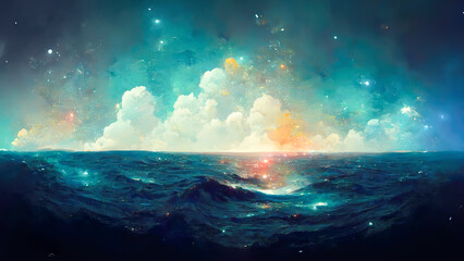 waves in ocean at night with galaxy stars in the sky