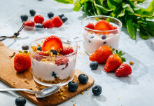 Strawberries And Berries Served With Fresh Yogurt