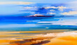Oil painting nature, horizon outdoor landscape. Illustration of seascape with sea, ocean wave, cloud, light blue sky, beach sunset. Modern art, Abstract impressionism for travel painting background
