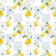 Beautiful vector seamless pattern in Sicilian style with hand drawn watercolor lemons and blue tiles. Stock illustration.