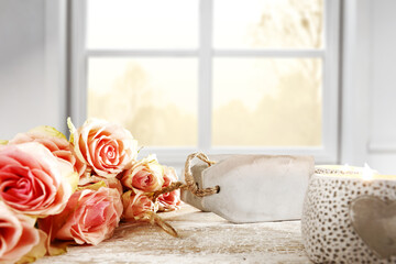 Wall Mural - Desk with fresh flowers and window in home interior. 