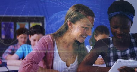 Poster - Animation of globe, data over caucasian tutor teaching digital tablet to african girl in classroom