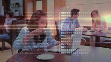 Wall Mural - Animation of binary code and graph bars over caucasian woman drinking coffee and working on laptop