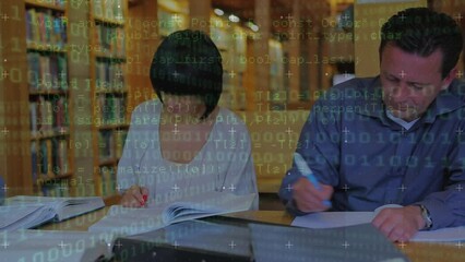 Poster - Animation of programming language over caucasian male and female students studying in library