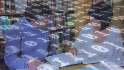 Poster - Animation of binary code over senior caucasian teachers discussing in library