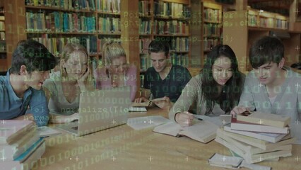 Poster - Animation of binary code and programming language over multiracial students studying in library