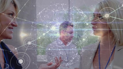 Poster - Animation of network of connections over group of diverse businesspeople discussing at office