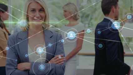 Poster - Animation of network of profile icons over portrait of caucasian businesswoman smiling at office