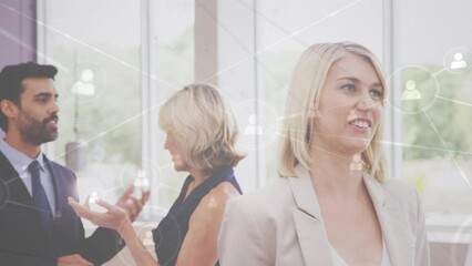 Poster - Animation of network of profile icons over two diverse businessman and businesswoman discussing