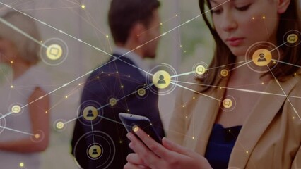 Poster - Animation of network of profile icons over caucasian businesswoman using smartphone at office