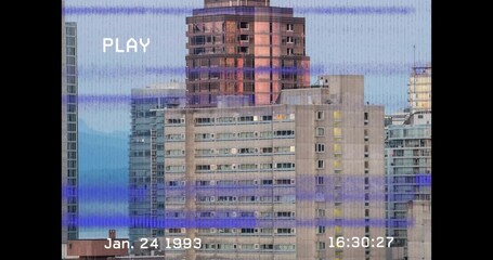 Poster - Animation of vhs glitch effect over tall buildings in background