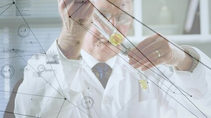 Poster - Animation of network of connections with data processing over caucasian male scientist in lab