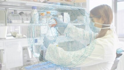 Poster - Animation of globe of connections over caucasian female scientist in lab