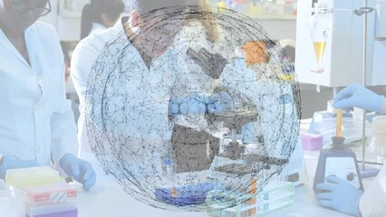 Poster - Animation of globe of connections over diverse scientists in lab