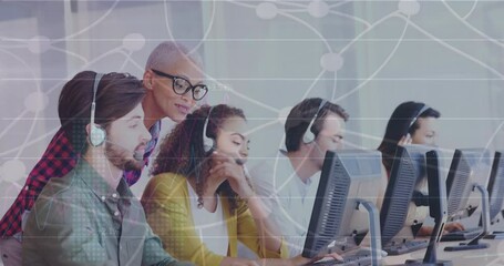 Poster - Animation of data processing over diverse business people using phone headsets