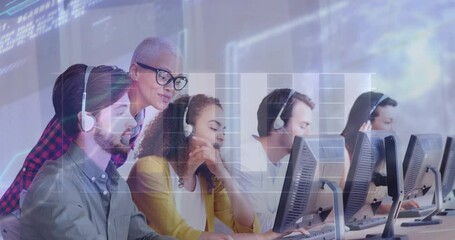 Poster - Animation of financial graphs and data over diverse female and male call center workers
