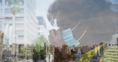 Poster - Animation of cityscape over african american woman with face mask