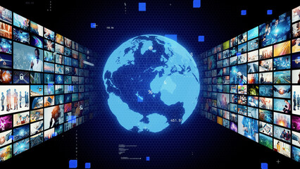 Poster - Visual contents concept. Broadcasting. Streaming video. communication network.