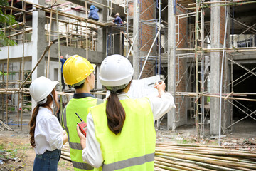 Wall Mural - back view, A group of engineer, architect or construction inspector at the construction site