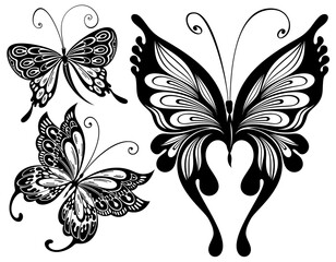 Wall Mural - black and white butterflies set. butterfly tattoo sign. tattoo style abstract design for mug,t shirt