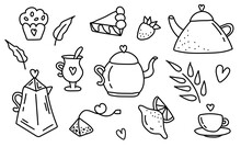 Cute Tea Time Elements Collection. Doodle Tea Set Vector Icons With Teapot Tea Cup And Tea Pot. Contains Such Icons As Tea Bag, Tea Leaf, Lemon, Strawberry, Tea Cup, Assorted Teapot, Extraction, Herb