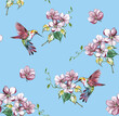 Bright watercolor botanical floral fashionable stylish pattern with bird Calibri and flowers on light blue background.