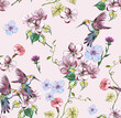 Bright watercolor botanical floral fashionable stylish pattern with bird Calibri and flowers on light pink background.