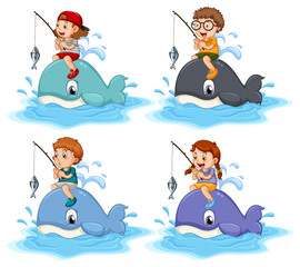 Wall Mural - Different kids riding on whales