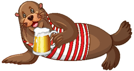 Wall Mural - Cute sea lion drinking beer