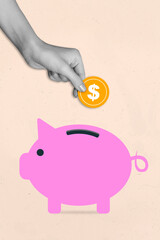 Poster - Creative 3d photo artwork graphics painting of arm putting coin inside piggy bank isolated drawing background