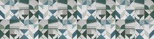 Abstract Green Blue White Square Mosaic Tile Wall Texture Background Banner Panorama, With Textured Seamless Geometric Shapes Retro Pattern