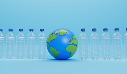 Wall Mural - Earth globe with empty plastic bottles. Global plastic pollution concept. 3D Rendering