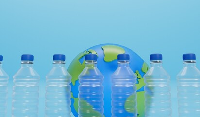 Wall Mural - Earth globe with empty plastic bottles. Global plastic pollution concept. 3D Rendering