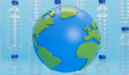 Wall Mural - Earth globe with empty plastic bottles. Global plastic pollution concept. 3D Rendering