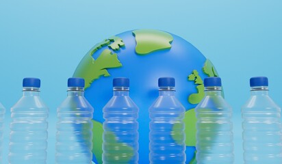 Wall Mural - Earth globe with empty plastic bottles. Global plastic pollution concept. 3D Rendering