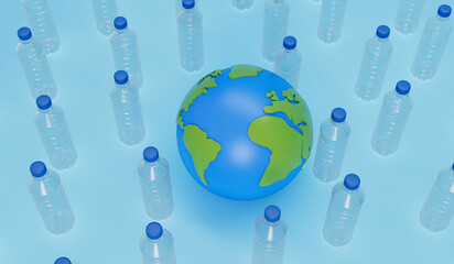 Wall Mural - Earth globe with empty plastic bottles. Global plastic pollution concept. 3D Rendering