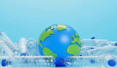 Wall Mural - Earth globe with empty plastic bottles. Global plastic pollution concept. 3D Rendering