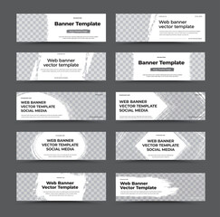 Poster - EPS vector web banner template, horizontal brochure with black text on white background, brush stroke with geometric place for photo.