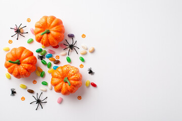 Halloween party concept. Top view photo of small pumpkins spiders and candies on isolated white background with copyspace