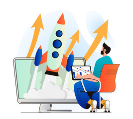 Poster - Business startup concept in modern flat design. Man launches new project on market, analyzes data, strategy and profit growth. Businessman working on development of his company. Web illustration