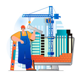Poster - Construction engineer concept in modern flat design. Builder holds blueprint and tools. Bricklayer makes brickwork. Constructor working at building site. Real estate business. Web illustration