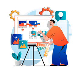 Aufkleber - Content manager concept in modern flat design. Man fills site pictures, places elements. Designer creates graphics, selects colors and generates ideas. Online business promotion. Web illustration