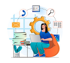 Poster - Customer support concept in modern flat design. Woman in headset works at laptop, advises clients. Consultant works in call center or technical support. Online communication. Web illustration