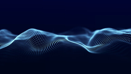 Fototapete - Abstract digital data background. Wave with moving dots. Musical stream of sounds. 3D rendering.