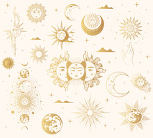 Mystical Sun And Moon Golden Collection. Isolated Set Of Esoteric Symbols. Hand Drawn Vector Illustration In Boho Style. Design For Astrology, Tarot Cards And Stickers.