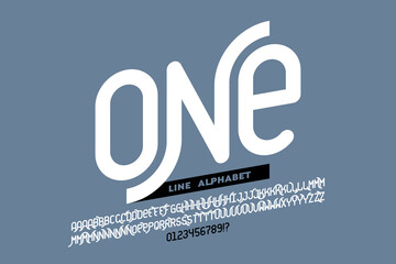 Fototapete - One line style font design, set of alphabet letters and numbers vector illustration